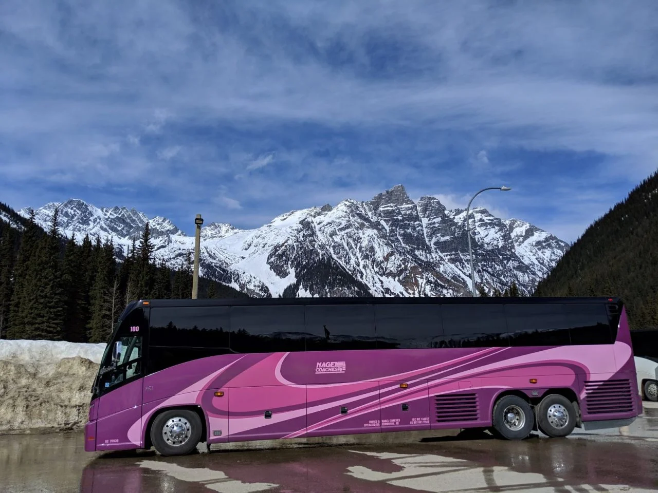 Nagel Coach in Rogers Pass BC with snowy mountains